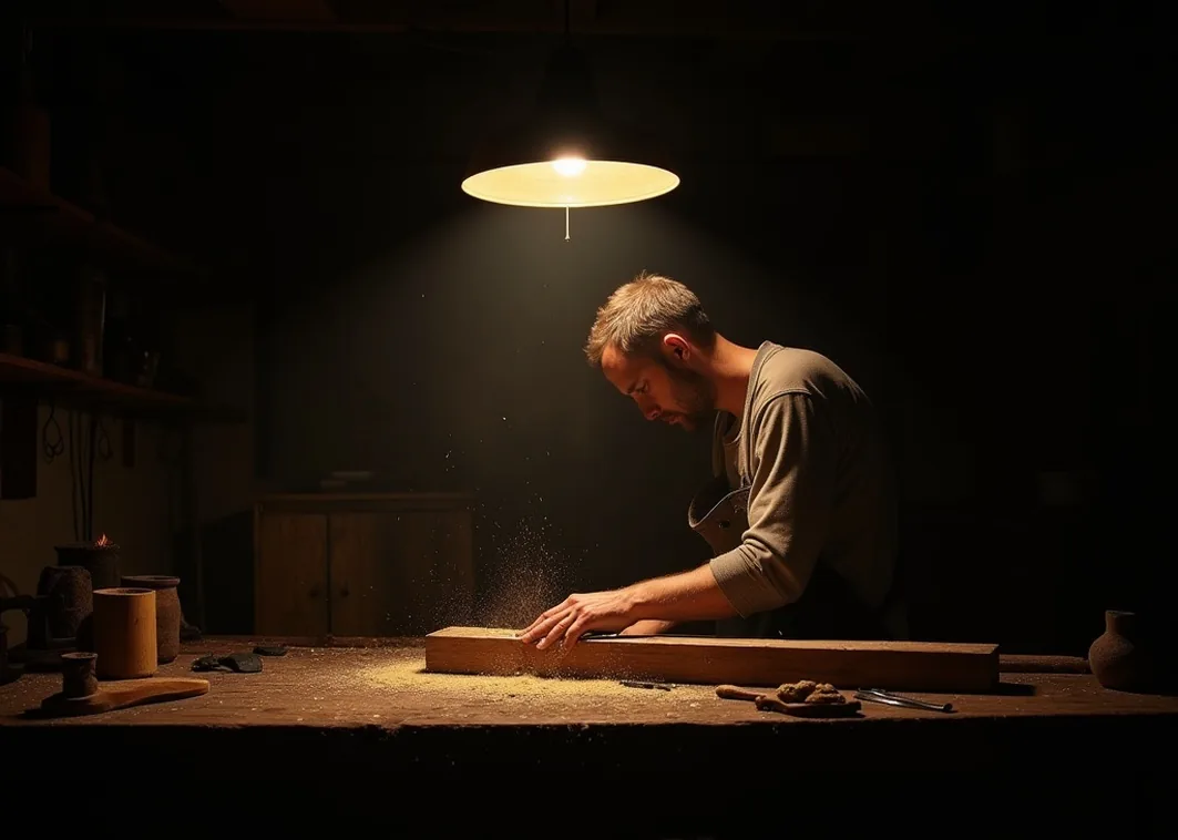 Craftsman bent over a reclaimed plank under a focused workshop lamp at night