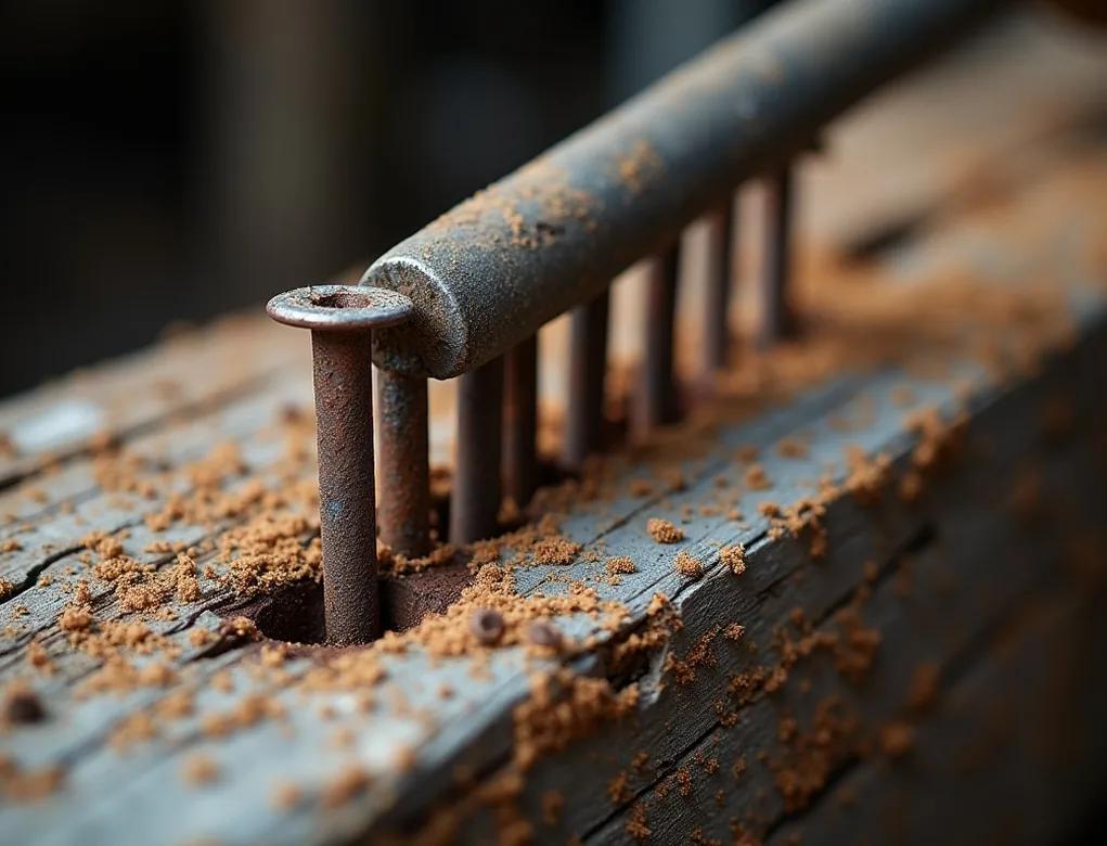 Macro view of rusted iron nails being pulled from a weathered barn plank with a crowbar