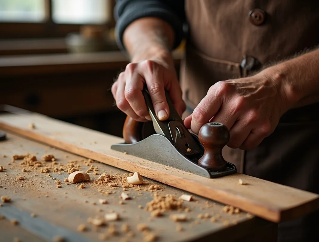 Weathered craftsman hands gripping a vintage hand plane pulling a long curl of pale wood