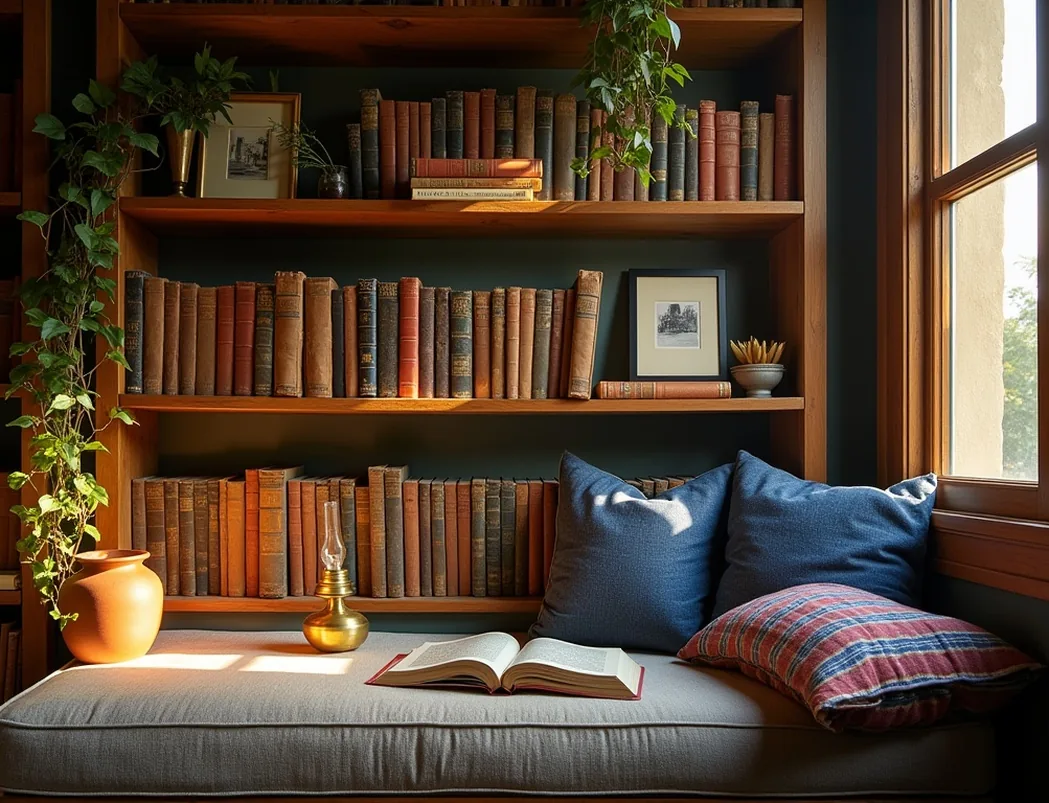 Reading nook with the Hayloft bookshelf filled with worn hardcover books and brass frame