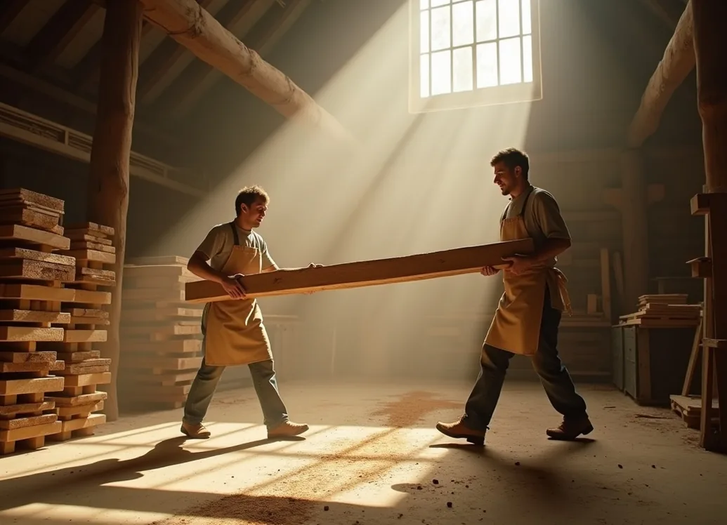 Two woodworkers in canvas aprons lifting a long heavy reclaimed plank together