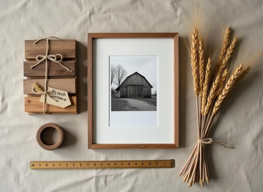 Editorial flat lay on a textured natural linen surface featuring a small framed black and white photograph