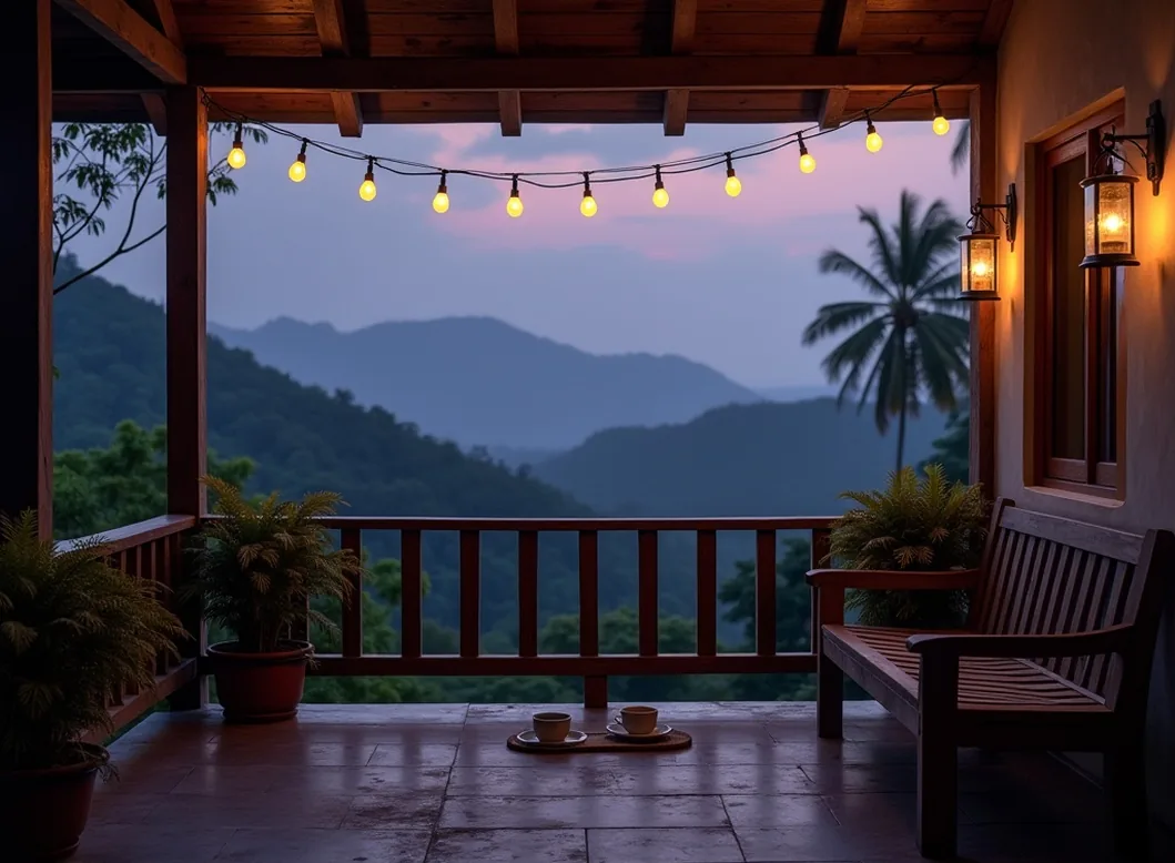 Twilight exterior scene of a heritage bungalow veranda in the hills with the Drover bench in place