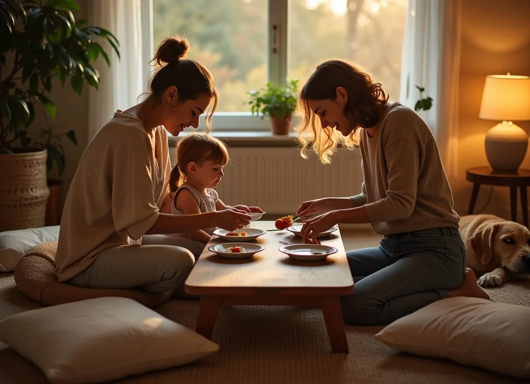 Mother and child setting plates on the Threshing Floor coffee table in a warm interior