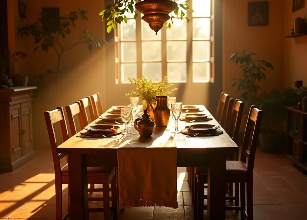 Reclaimed oak harvest dining table set for a family Sunday lunch in golden hour light