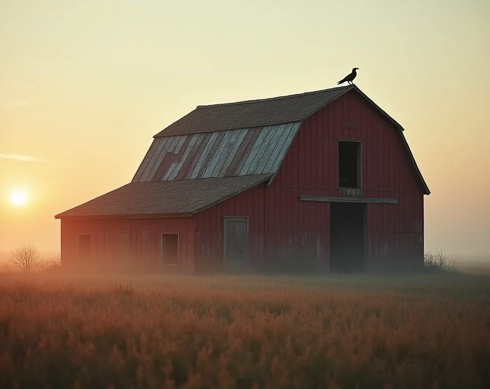 Abandoned weathered red barn at dawn in rural countryside with mist rolling across the field